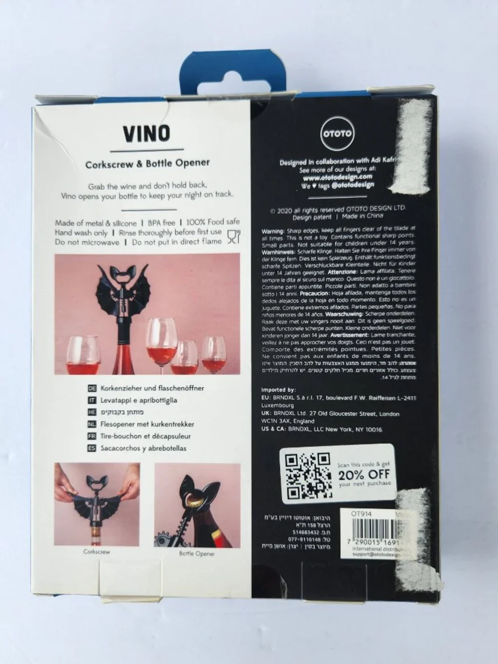 OTOTO Vino Spooky Bat Corkscrew and Bottle  2-In-One Opener Novelty Halloween